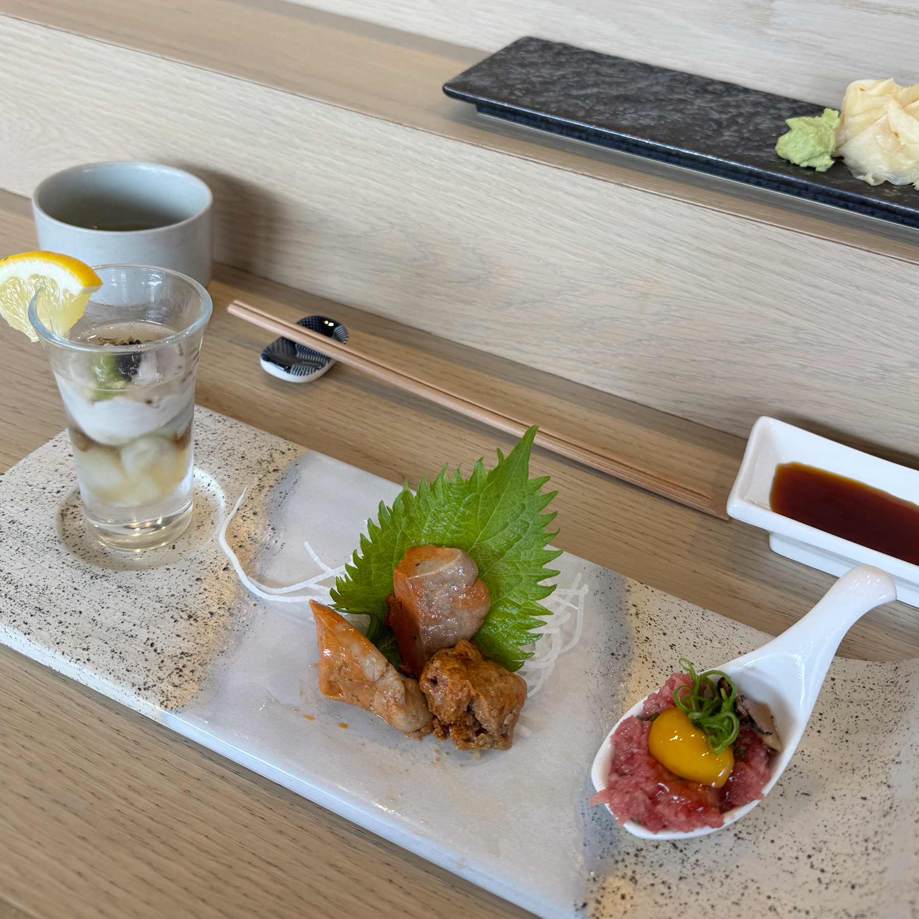 Oyster Shooter, Ankimo, and Tuna Tartare